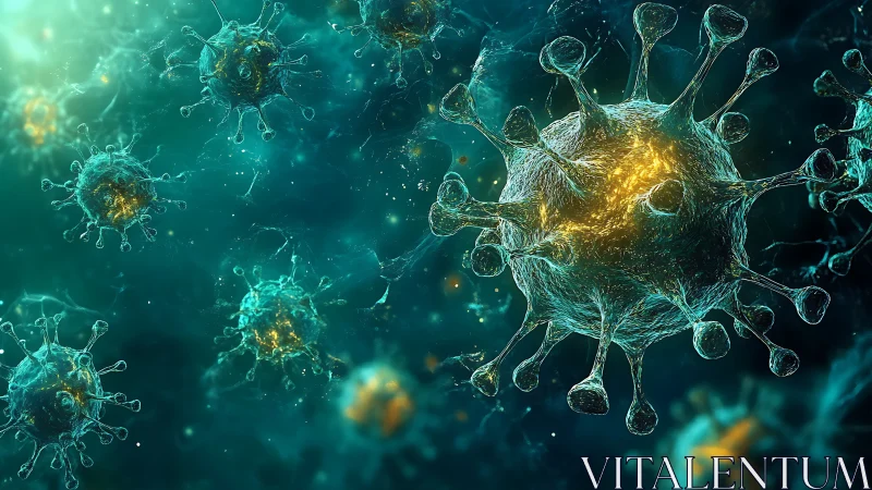 Microscopic viral particles rendered as luminous 3D biomorphic spheres