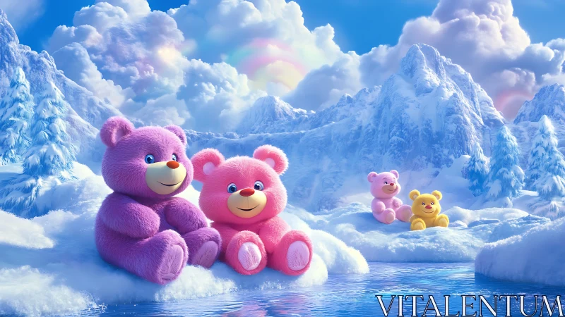 Candy-colored teddy bears bask in a shimmering ice kingdom.