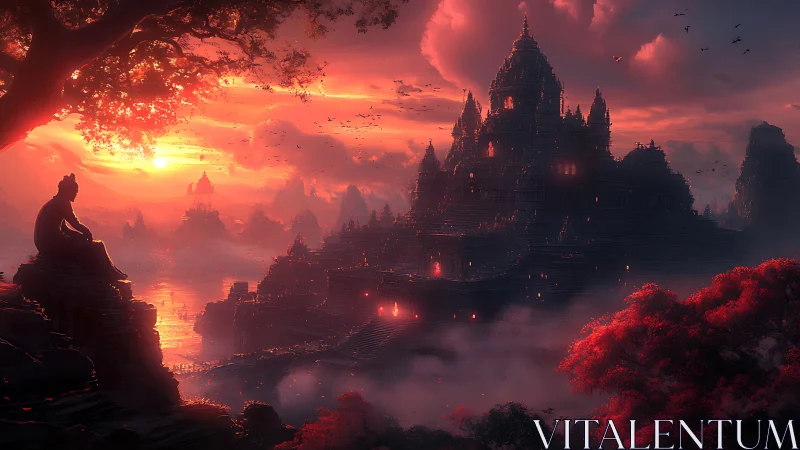 Temple city at sunset with meditating figure and mist.