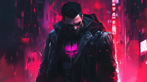 Cyberpunk vigilante stalks neon alley in crimson haze.