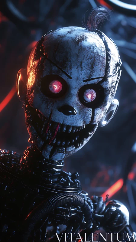 Cyberpunk animatronic clown head with exposed mech chassis.