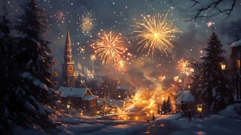 Winter village skyline ignites under radiant festive fireworks