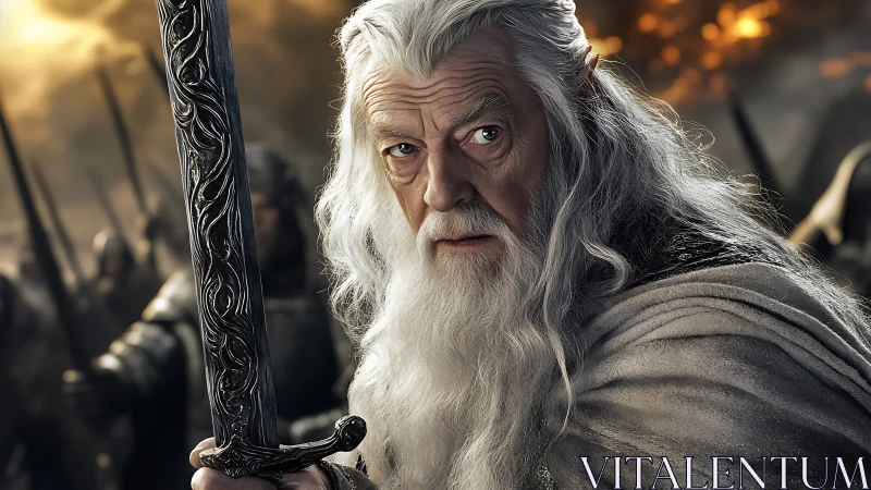 White bearded warrior holding ornate sword in battle scene.