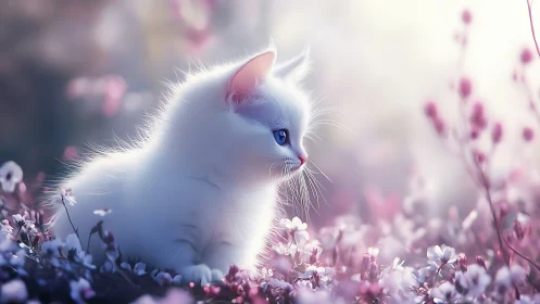 White Feline with Blue Eyes in Floral Field. Soft Focus Digital Rendering