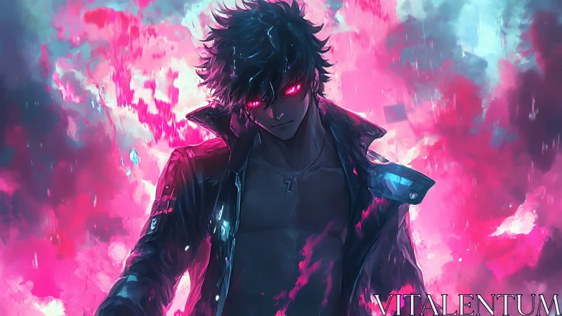 Storm-lit antihero with neon eyes in blazing pink clouds.