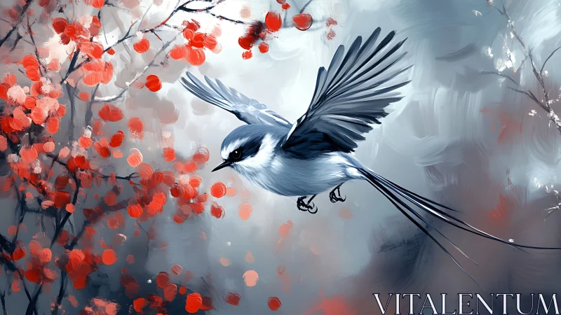 Long-tailed songbird in mid-flight amid red winter berries