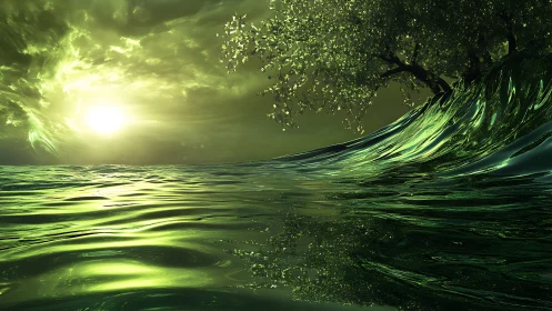 Green reflective ocean surface under bright distant sun.
