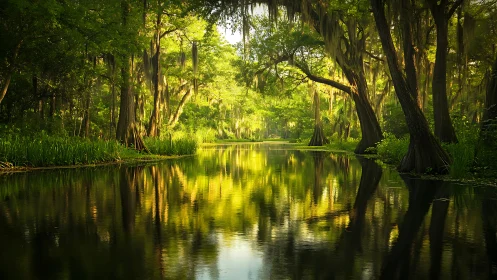 Sunlit cypress swamp channel with mirrored reflections.
