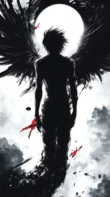 Midnight-winged guardian rising against a painted moon.