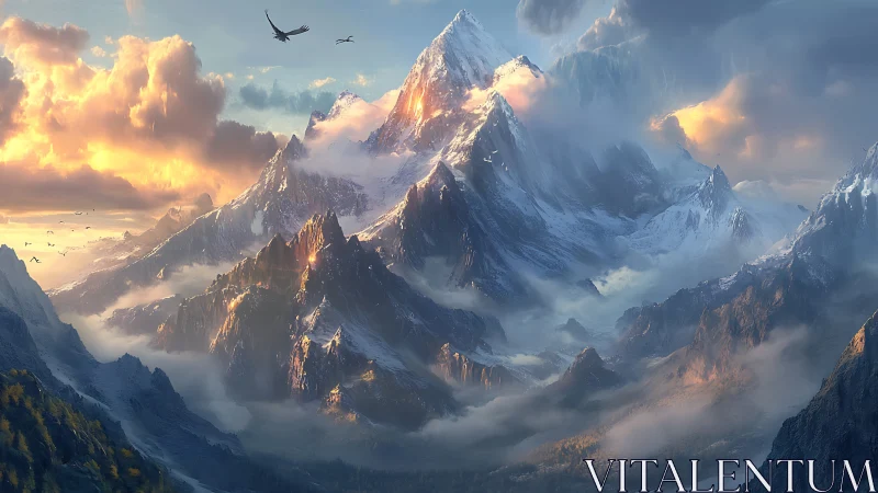 Sunrise over storybook peaks wrapped in drifting mist.