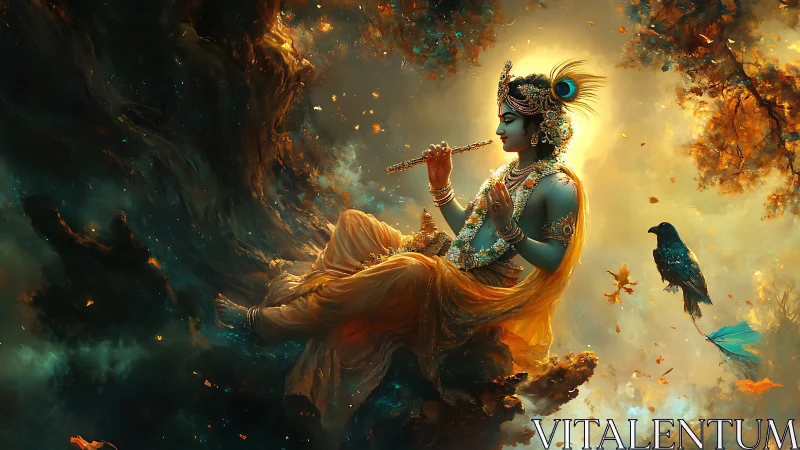 Divine blue-hued flutist rests in glowing celestial grove.