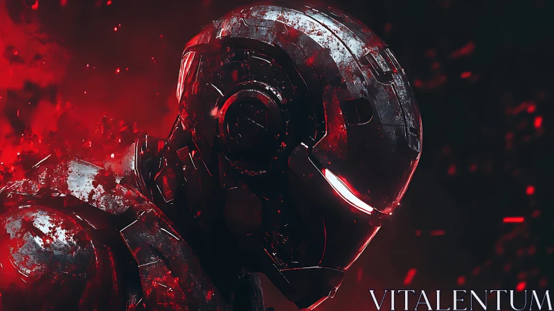 Blood-red warborn android broods in ember-choked darkness.