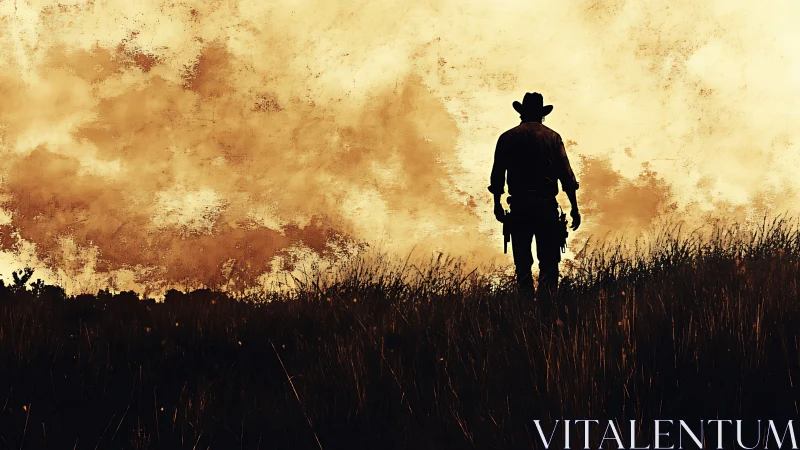 Silhouetted frontier gunslinger under textured sepia sky.
