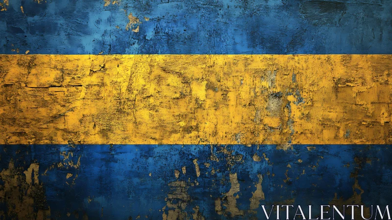 Horizontal yellow band intersects distressed blue painted surface