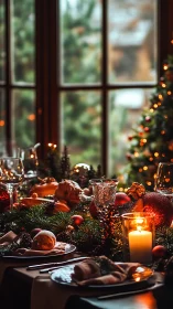 Candlelit holiday table glows with festive feast and décor.