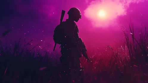 Lone soldier stands in neon dusk amid glowing battlefield haze
