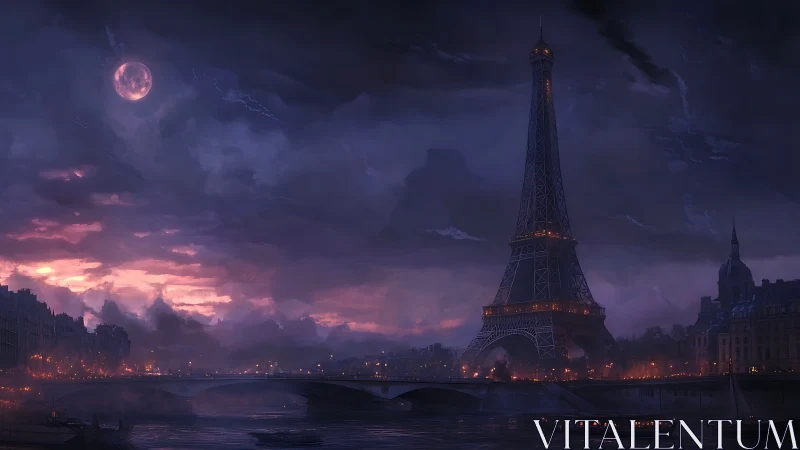 Nocturnal Eiffel skyline under storm-lit violet clouds.