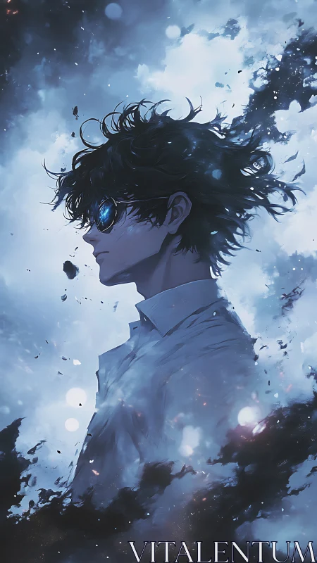 Side-lit anime figure dissolves into ethereal blue nebula