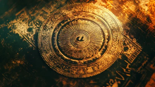 Intricate golden circular emblem with ornate radial pattern.