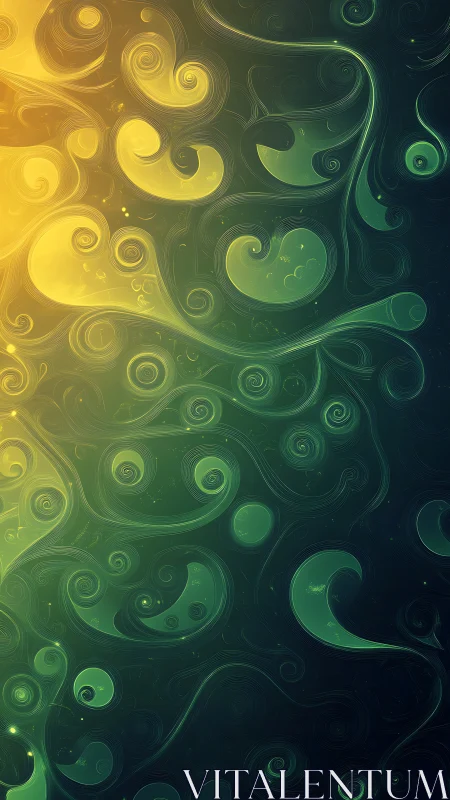 Glowing emerald spirals in flowing abstract vortex field.
