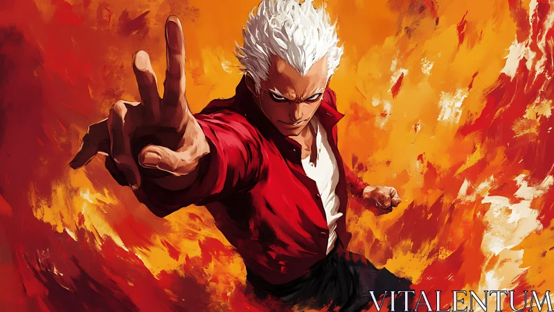 White haired anime fighter reaching forward through fire.