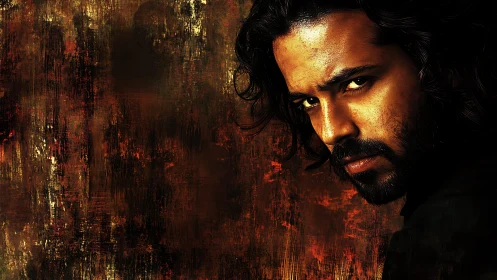 Intense male portrait against textured abstract wall.