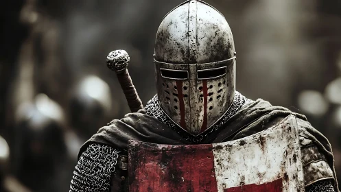 Armored medieval knight with sword and weathered shield.