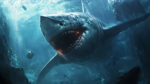 Colossal shark with luminescent jaw in deep blue seascape.