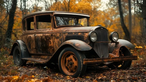 Rusting vintage sedan rests in an autumn woodland setting