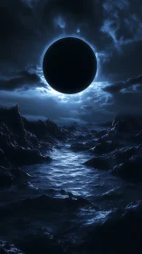 Lunar eclipse above nocturnal oceanic chasm in silhouette.