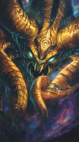 Bioluminescent eldritch leviathan with golden armored horns