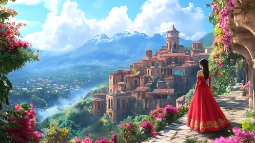 Mountainside terraced cityscape with woman in red gown at overlook