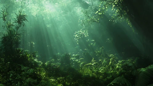 Misty Forest Canopy with Sunrays Through Dense Vegetation.