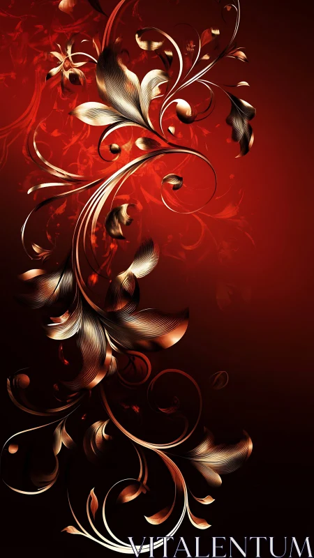 Golden floral swirls rise over deep crimson background.