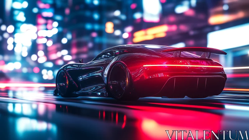 Futuristic supercar glides through neon city with dynamic light trails.