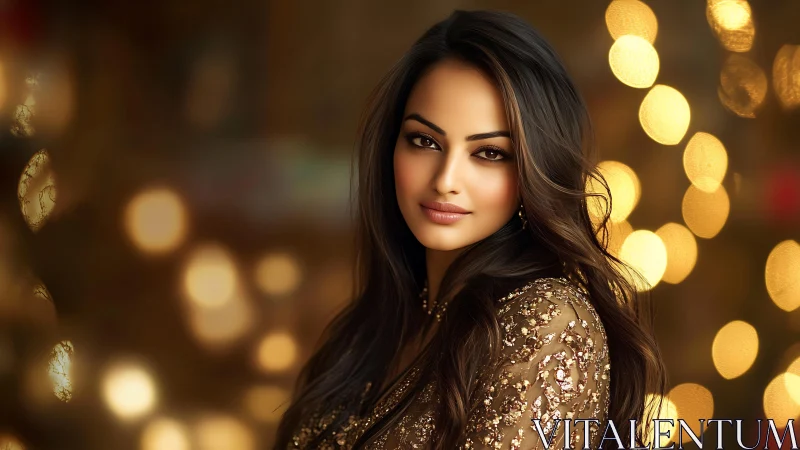 Glowing portrait of elegant woman amid golden bokeh lights.