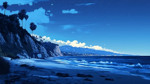 Moonlit Pacific waves whisper beneath cliffside palms tonight