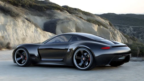 Sleek black supercar rests on sandy coastal bluff road
