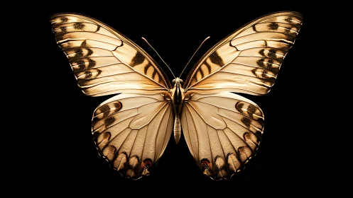 Golden butterfly wings illuminated against deep black field.