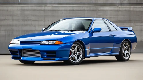 Blue two-door sports coupe on neutral urban backdrop.