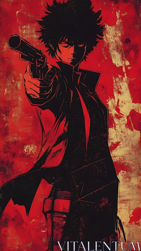 Gun-wielding anime figure dominates gritty red backdrop