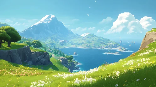 Alpine Seascape with Snow-Capped Peak and Wildflower Meadow