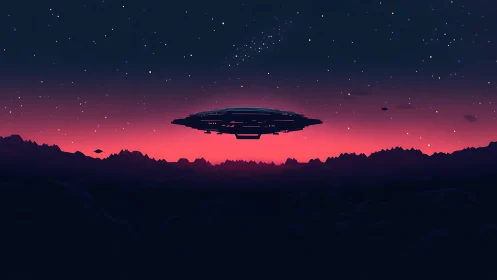 Futuristic starship over neon dusk mountainscape horizon.