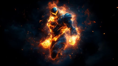 Pyro-Armored humanoid in eruptive plasma combustion field.