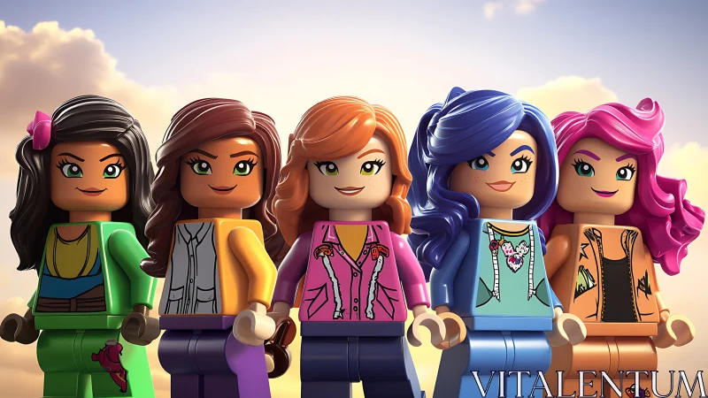 3D character lineup of stylized LEGO-inspired female figures.