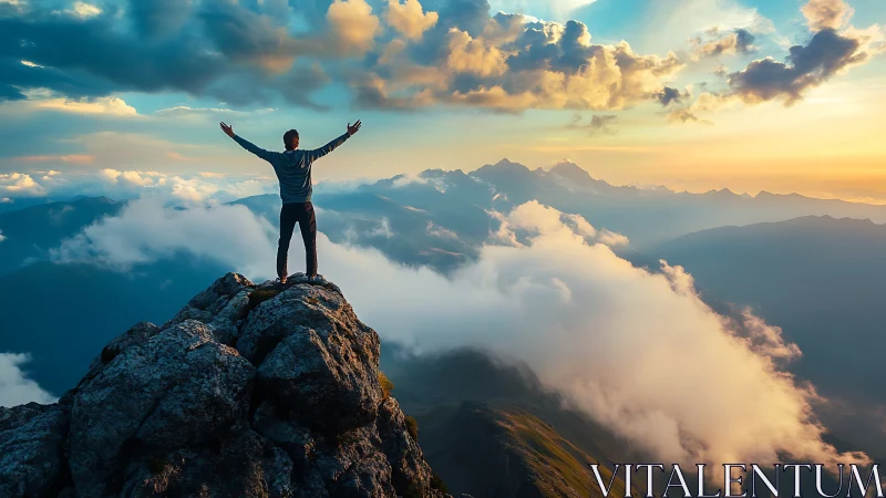 Hiker celebrates sunrise triumph on a cloud-wreathed peak