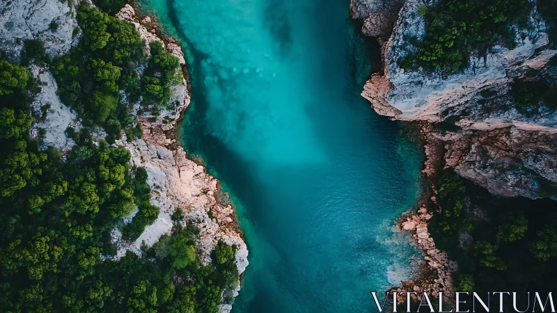Aerial composition reveals turquoise canyon water between cliffs