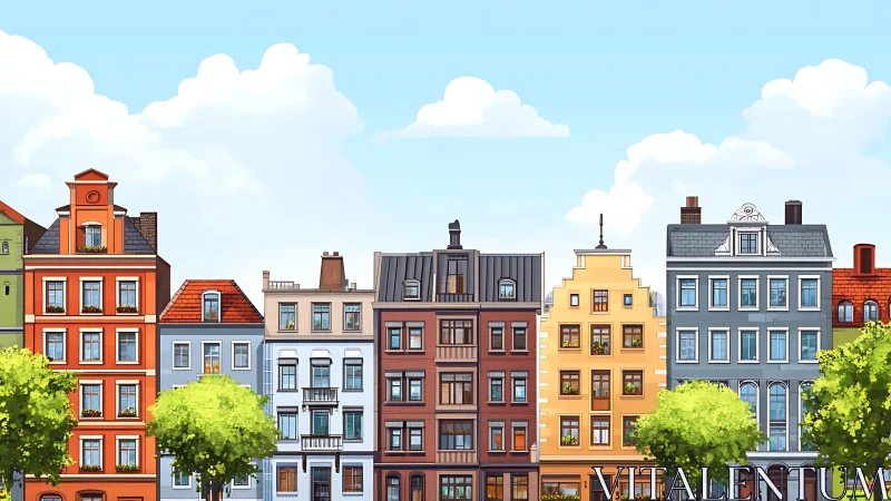 Row of stylized urban townhouses under clear sky.