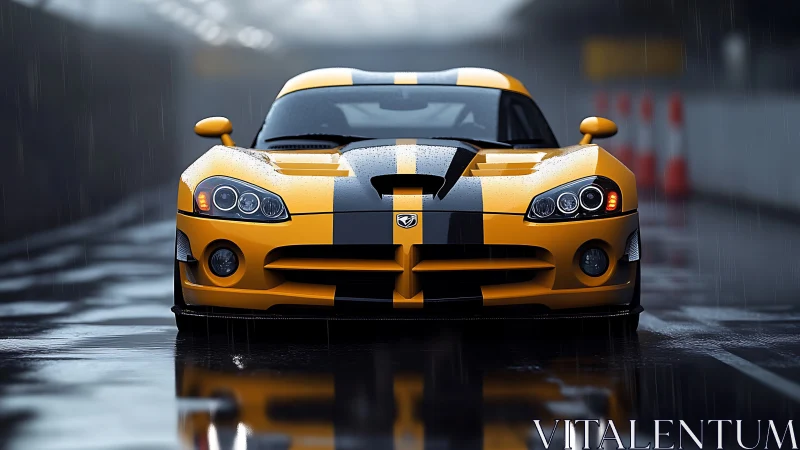 Storm-soaked yellow racer prowling a rainlit pit lane.