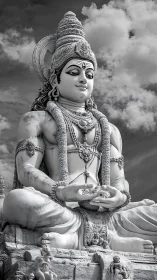 Sky-throned stone deity in tranquil monochrome majesty.